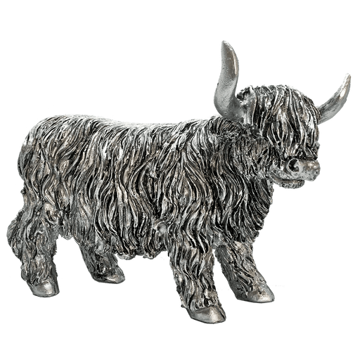 Silver Highland Coo Figurine – Metallic Polyresin Collectible (8 cm & 12 cm) - Heritage Of Scotland - 12 cm