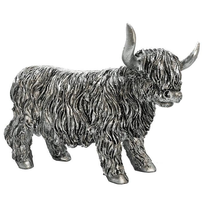Silver Highland Coo Figurine – Metallic Polyresin Collectible (8 cm & 12 cm) - Heritage Of Scotland - 12 cm