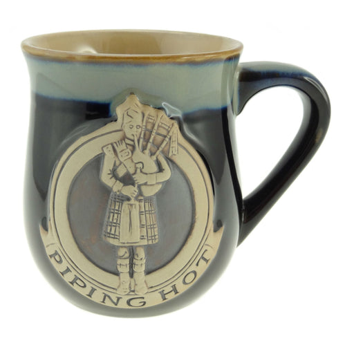 Stoneware Mug with Piper Design and Piping Hot Caption – Scottish Gift - Heritage Of Scotland - Black