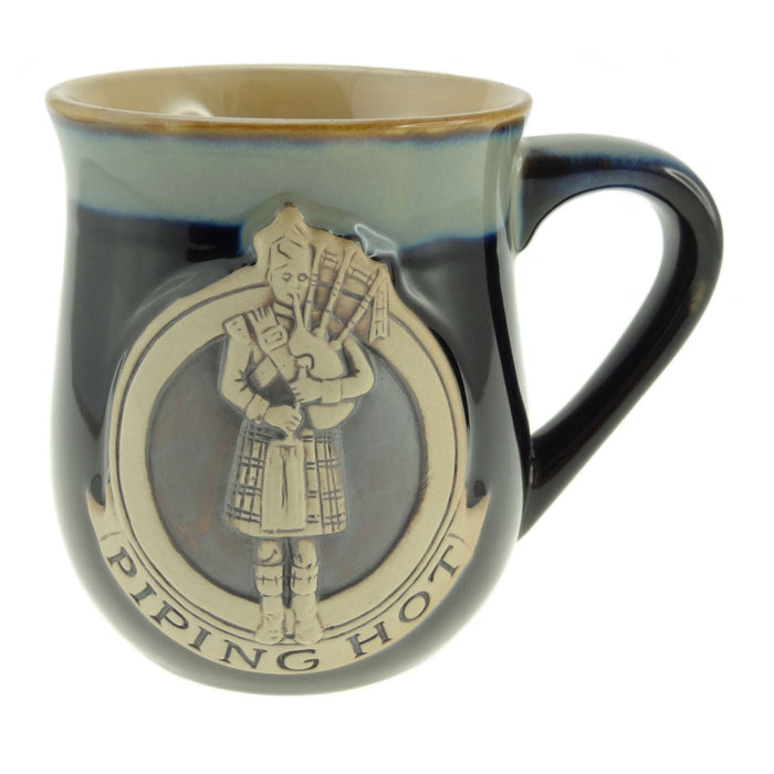 Stoneware Mug with Piper Design and Piping Hot Caption – Scottish Gift - Heritage Of Scotland - Black