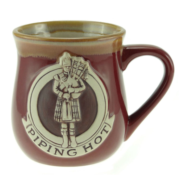 Stoneware Mug with Piper Design and Piping Hot Caption – Scottish Gift - Heritage Of Scotland - Red