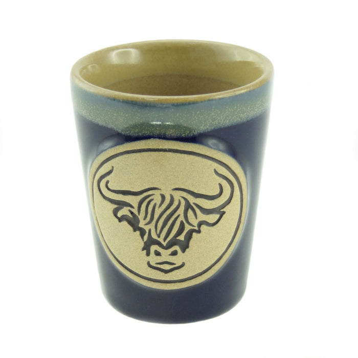 Stoneware Shot Cup Highland Cow Design – Fun Scottish Drinkware - Heritage Of Scotland - Blue