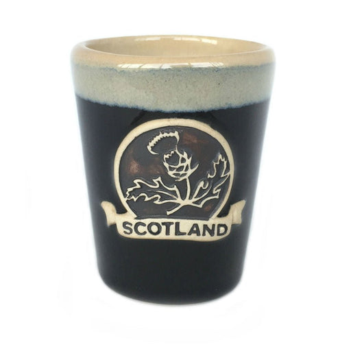 Stoneware Shot Cup with Thistle and Scotland Banner – Scottish Gift - Heritage Of Scotland - Black