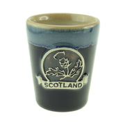 Stoneware Shot Cup with Thistle and Scotland Banner – Scottish Gift - Heritage Of Scotland - Blue