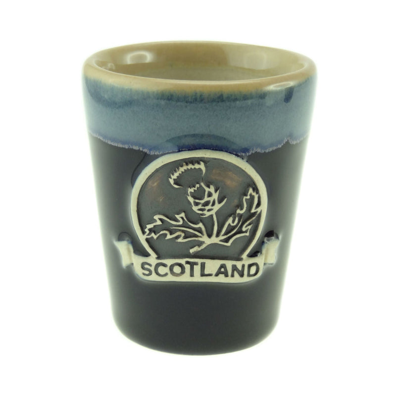 Stoneware Shot Cup with Thistle and Scotland Banner – Scottish Gift - Heritage Of Scotland - Blue
