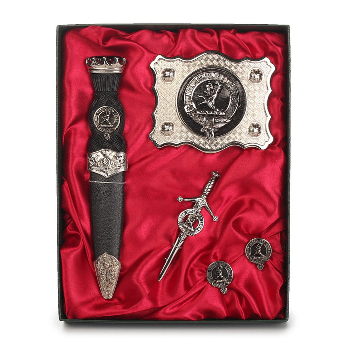 Strachan Clan Badge, Kilt Pin, Lapel Pin, Cufflinks, Keyring/Key Fob & Gift Set — Fine Pewter by Art Pewter — Made in Scotland (Shiny Finish) - Heritage Of Scotland - Gift Set