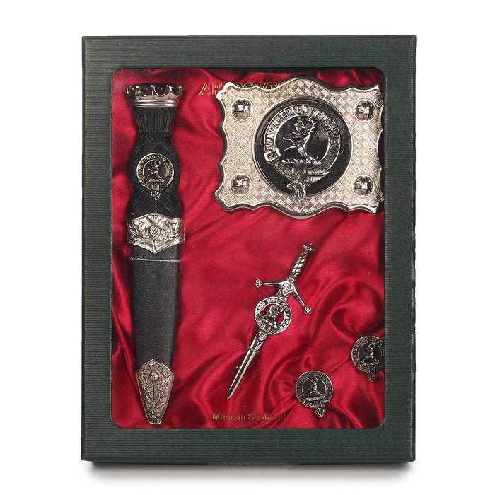 Strachan Clan Badge, Kilt Pin, Lapel Pin, Cufflinks, Keyring/Key Fob & Gift Set — Fine Pewter by Art Pewter — Made in Scotland (Shiny Finish) - Heritage Of Scotland - Gift Set