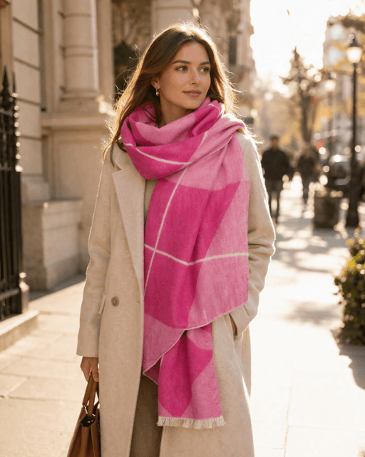 Super Soft Argyle Stole – Lightweight Luxury Wrap Scarf for Everyday Style - Heritage Of Scotland - FUCHSIA ROSE/WHISPER WHITE