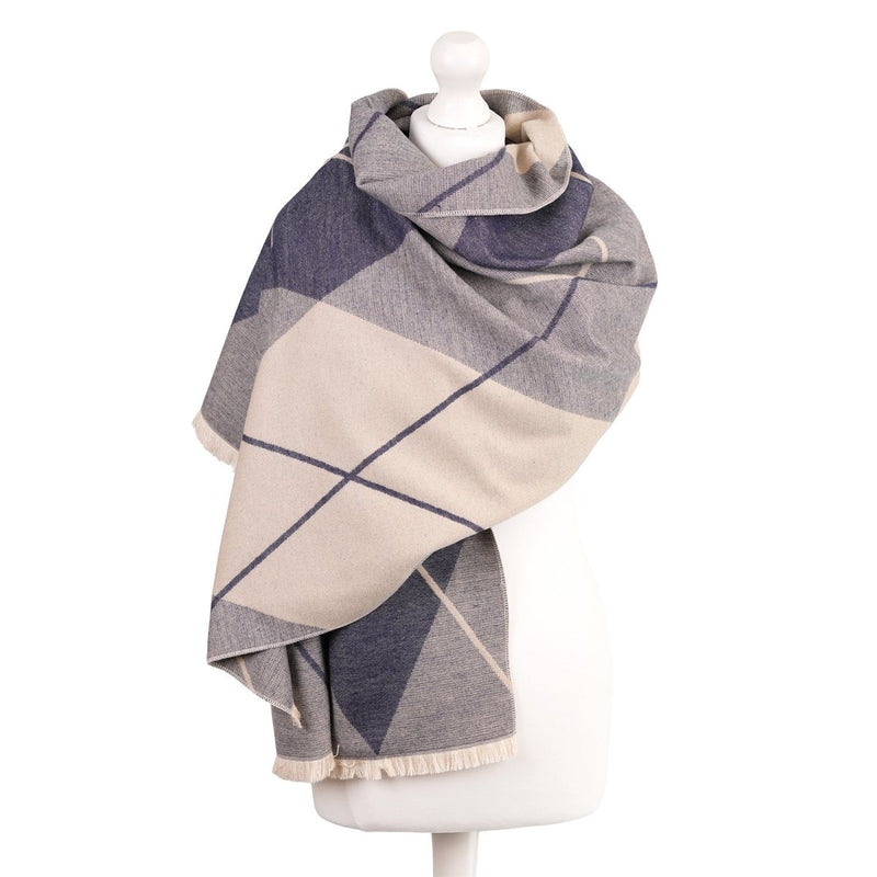 Super Soft Argyle Stole – Lightweight Luxury Wrap Scarf for Everyday Style - Heritage Of Scotland - TRUE NAVY/WHISPER WHITE