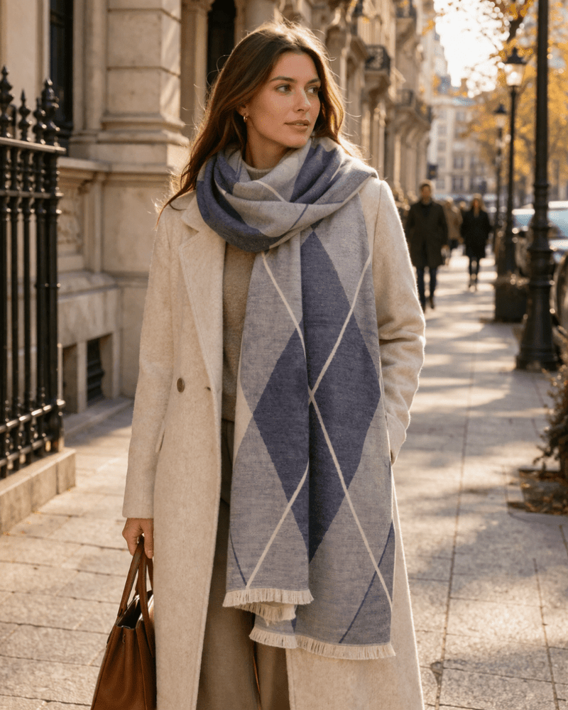 Super Soft Argyle Stole – Lightweight Luxury Wrap Scarf for Everyday Style - Heritage Of Scotland - TRUE NAVY/WHISPER WHITE