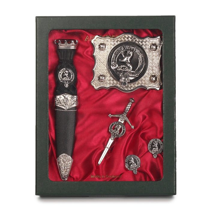 Sutherland Clan Badge, Kilt Pin, Lapel Pin, Cufflinks, Keyring/Key Fob & Gift Set — Fine Pewter by Art Pewter — Made in Scotland (Shiny Finish) - Heritage Of Scotland - Gift Set