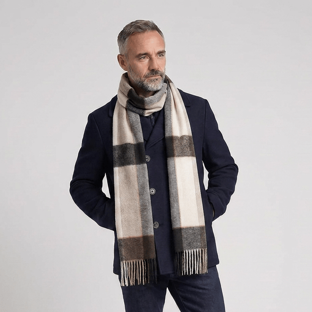 Tartan Weaving Mill 100% Pure Cashmere Scarf - Made in Scotland - Block Pinstripe Cocoa - Heritage Of Scotland -