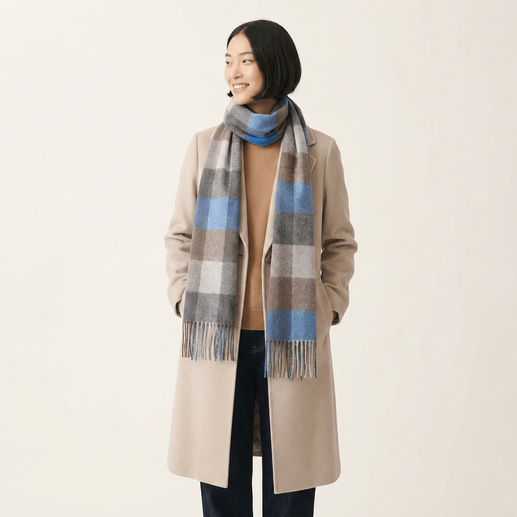 Tartan Weaving Mill 100% Pure Cashmere Scarf - Made in Scotland - Cool Azure Block - Heritage Of Scotland -