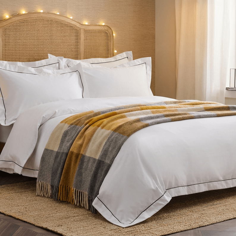 The Cosy Check – Recycled Wool Block-Check Herringbone Blanket - NATURAL OCHRE - Heritage Of Scotland -