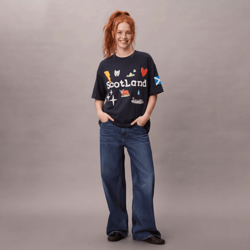 Travel Outfitters Scotland Icons 3D Puff Print T-Shirt – Navy - Heritage Of Scotland - XS