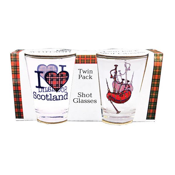 Twin Pack Shot Glasses – Bagpipes & I Love Scotland Design - Heritage Of Scotland - Twin Pack
