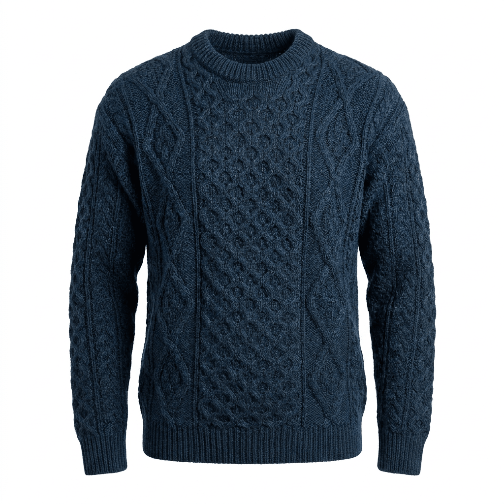 Unisex 100% Wool Aran Cable Knit Crew Neck Jumper – Made in Ireland | Black Watch - Heritage Of Scotland - XS