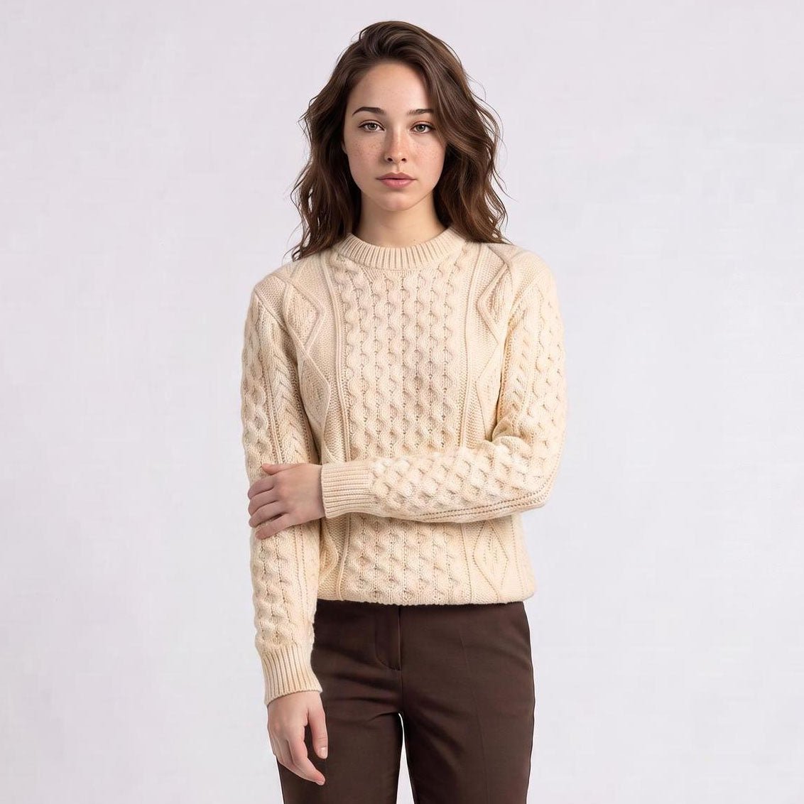 Unisex Blue 100% Wool Aran Cable Knit Crew Neck Jumper – Made in Ireland | Aran - Heritage Of Scotland - XS