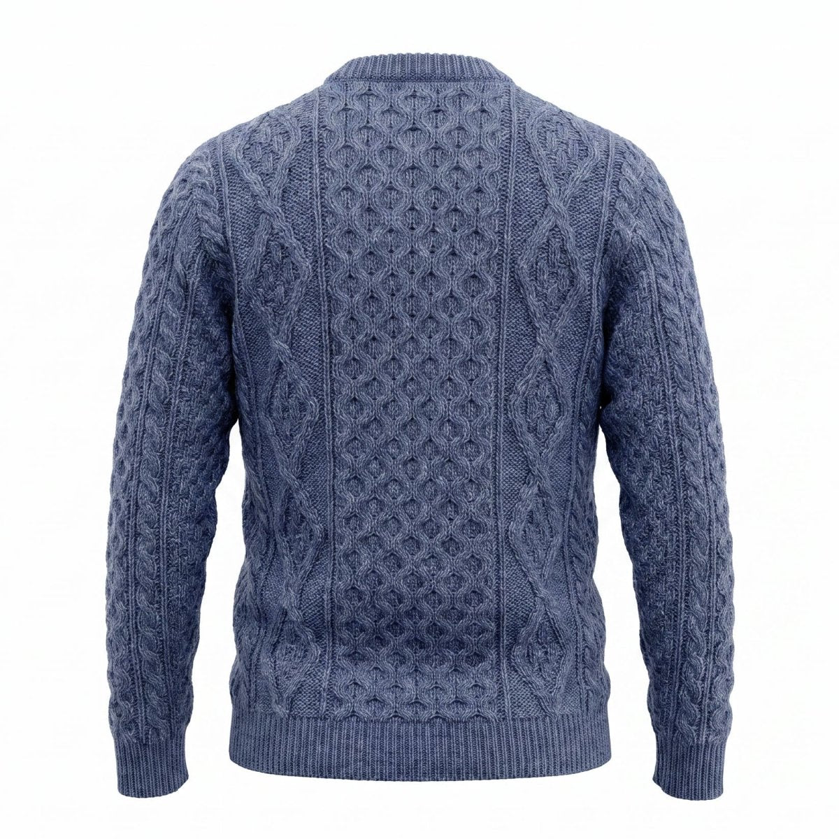 Unisex Blue 100% Wool Aran Cable Knit Crew Neck Jumper – Made in Ireland | Denim - Heritage Of Scotland - XS