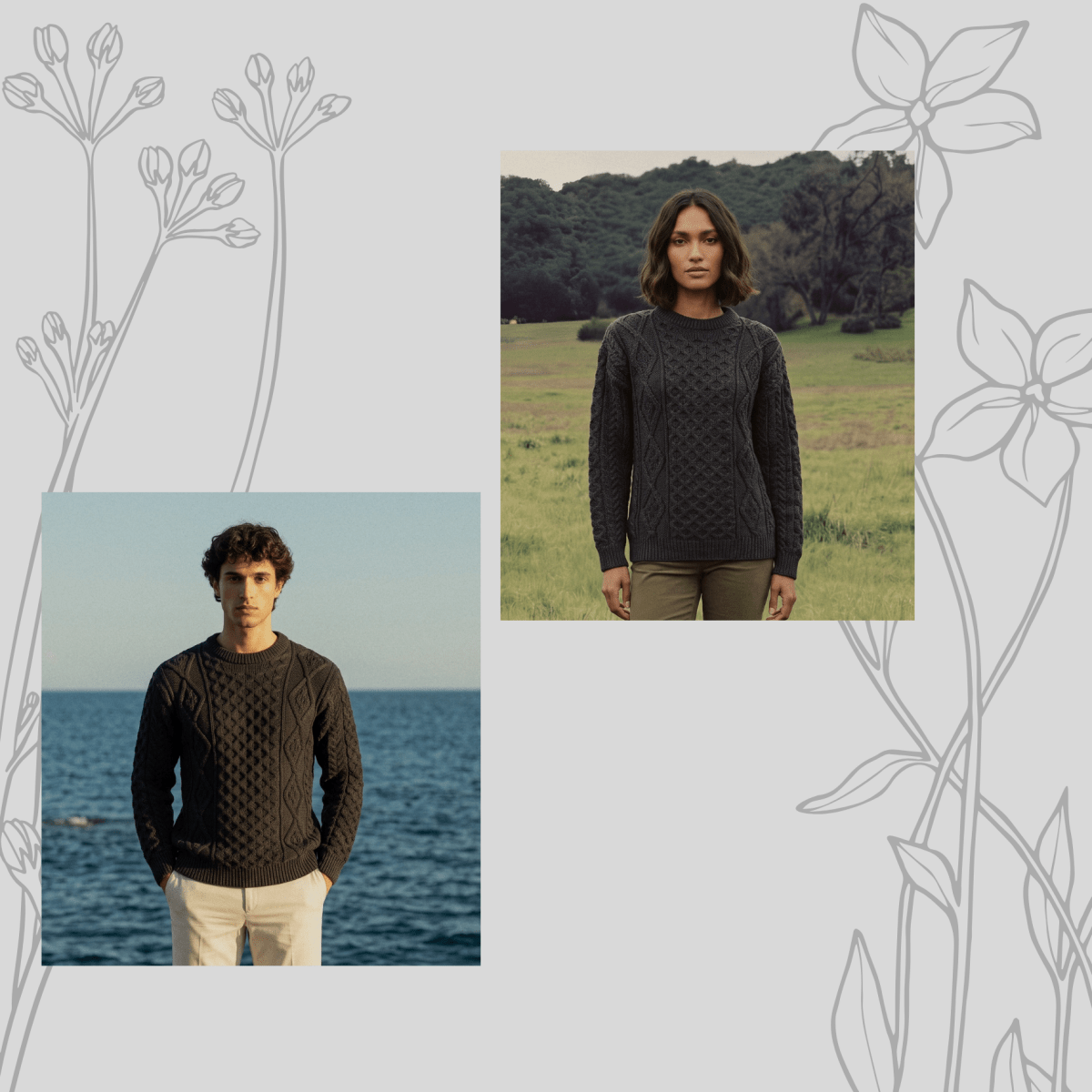 Unisex Grey 100% Wool Aran Cable Knit Crew Neck Jumper – Made in Ireland | Charcoal - Heritage Of Scotland - XS