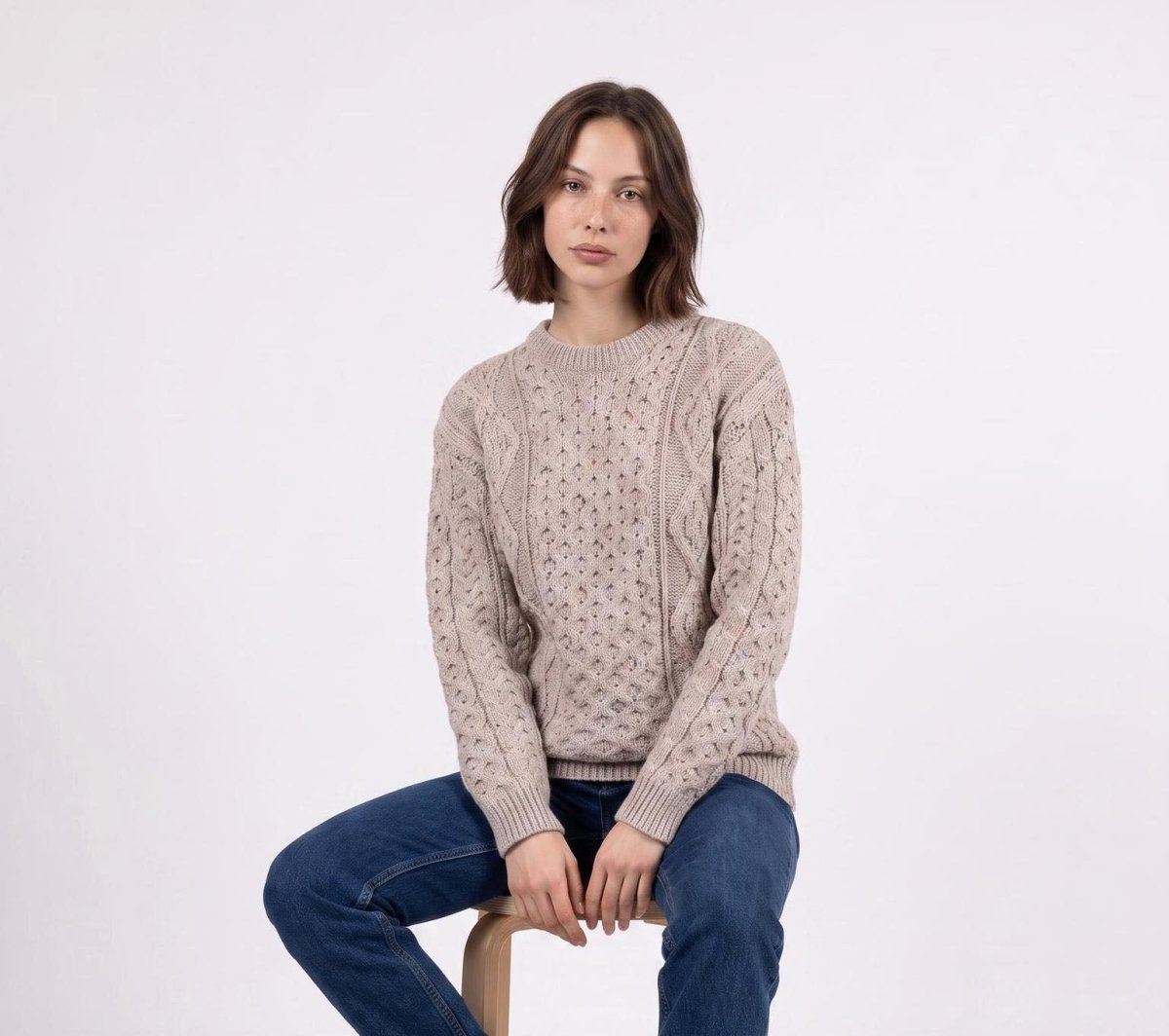 Unisex Speckled Beige 100% Wool Aran Cable Knit Crew Neck Jumper – Made in Ireland | Skiddaw - Heritage Of Scotland - XS