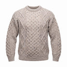 Unisex Speckled Beige 100% Wool Aran Cable Knit Crew Neck Jumper – Made in Ireland | Skiddaw - Heritage Of Scotland - XS