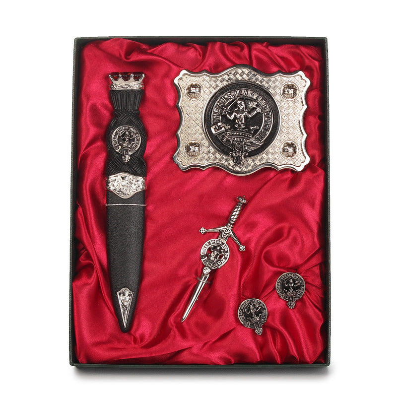 Urquhart Clan Badge, Kilt Pin, Lapel Pin, Cufflinks, Keyring/Key Fob & Gift Set — Fine Pewter by Art Pewter — Made in Scotland (Shiny Finish) - Heritage Of Scotland - Gift Set
