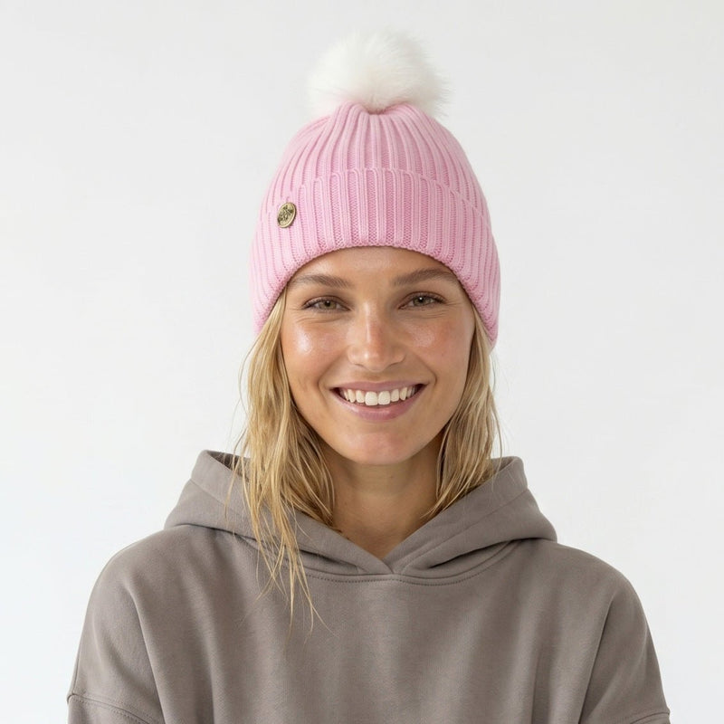 Woman's Knit Hat with Pom Pom and Fleece Lining - Baby Pink and White - Heritage Of Scotland - 