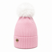 Woman's Knit Hat with Pom Pom and Fleece Lining - Baby Pink and White - Heritage Of Scotland - 