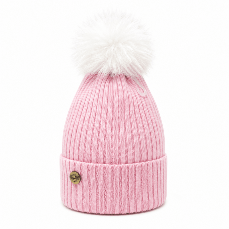 Woman's Knit Hat with Pom Pom and Fleece Lining - Baby Pink and White - Heritage Of Scotland - 