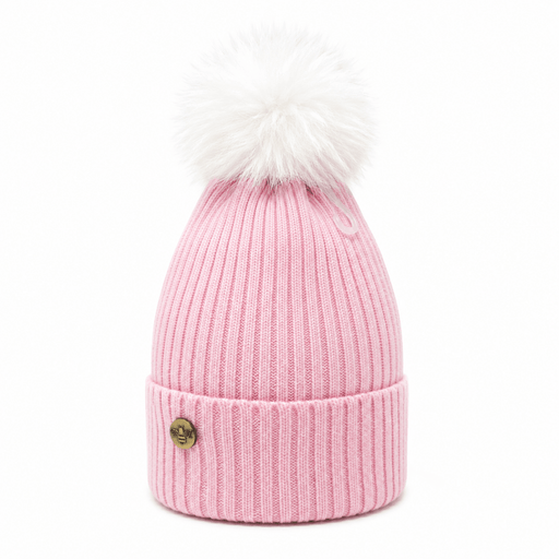 Woman's Knit Hat with Pom Pom and Fleece Lining - Baby Pink and White - Heritage Of Scotland - 