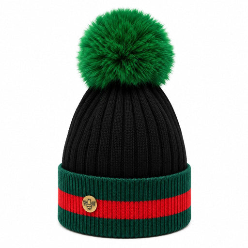 Woman's Knit Hat with Pom Pom and Fleece Lining - Black and Green - Heritage Of Scotland - 