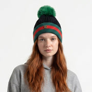 Woman's Knit Hat with Pom Pom and Fleece Lining - Black and Green - Heritage Of Scotland - 