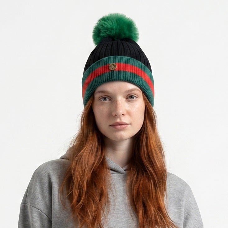 Woman's Knit Hat with Pom Pom and Fleece Lining - Black and Green - Heritage Of Scotland - 