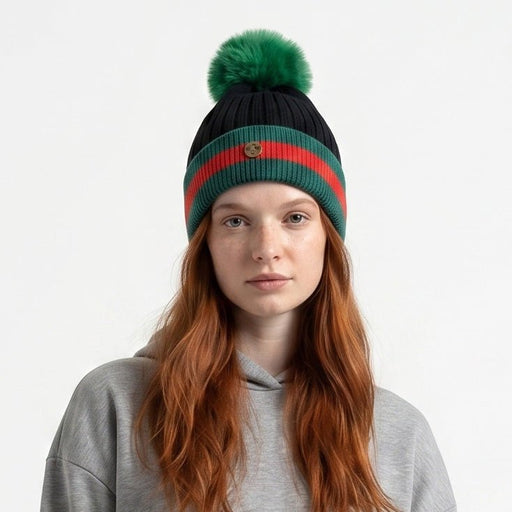 Woman's Knit Hat with Pom Pom and Fleece Lining - Black and Green - Heritage Of Scotland - 