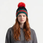 Woman's Knit Hat with Pom Pom and Fleece Lining - Black and Red - Heritage Of Scotland - 