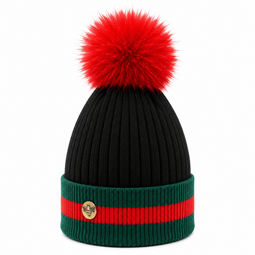 Woman's Knit Hat with Pom Pom and Fleece Lining - Black and Red - Heritage Of Scotland - 