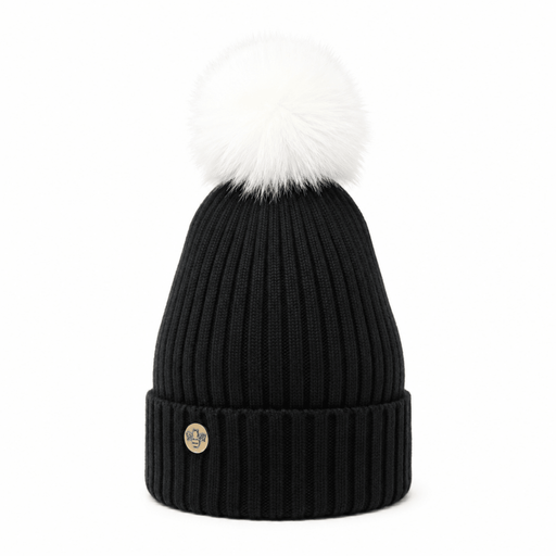 Woman's Knit Hat with Pom Pom and Fleece Lining - Black and White - Heritage Of Scotland - 