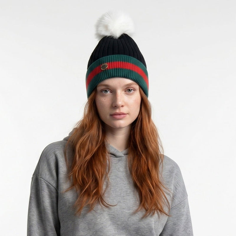Woman's Knit Hat with Pom Pom and Fleece Lining - Black and White - Heritage Of Scotland - 