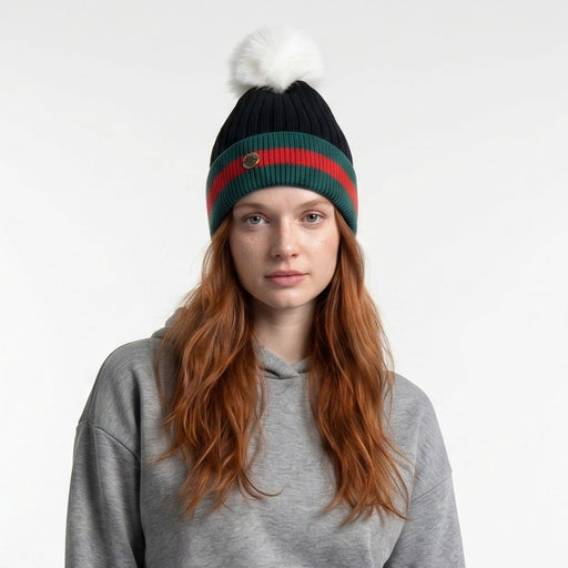 Woman's Knit Hat with Pom Pom and Fleece Lining - Black and White - Heritage Of Scotland - 