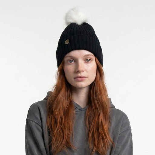 Woman's Knit Hat with Pom Pom and Fleece Lining - Black and White - Heritage Of Scotland - 