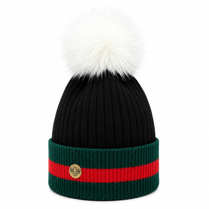 Woman's Knit Hat with Pom Pom and Fleece Lining - Black and White - Heritage Of Scotland - 