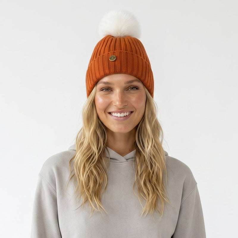 Woman's Knit Hat with Pom Pom and Fleece Lining - Cappuccino and White - Heritage Of Scotland - 