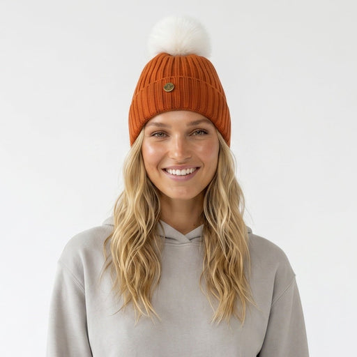 Woman's Knit Hat with Pom Pom and Fleece Lining - Cappuccino and White - Heritage Of Scotland - 