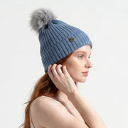 Woman's Knit Hat with Pom Pom and Fleece Lining - Denim Blue and Grey - Heritage Of Scotland - 