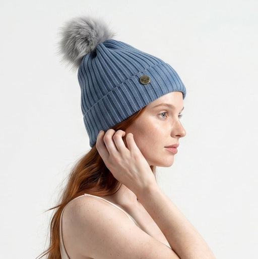Woman's Knit Hat with Pom Pom and Fleece Lining - Denim Blue and Grey - Heritage Of Scotland - 