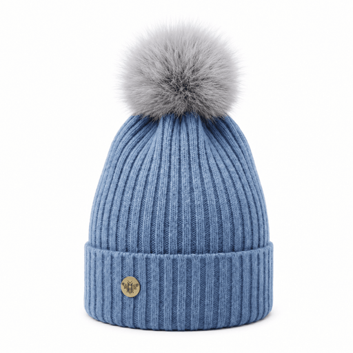 Woman's Knit Hat with Pom Pom and Fleece Lining - Denim Blue and Grey - Heritage Of Scotland - 