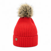 Woman's Knit Hat with Pom Pom and Fleece Lining - Ferrari Red and Brown - Heritage Of Scotland - 