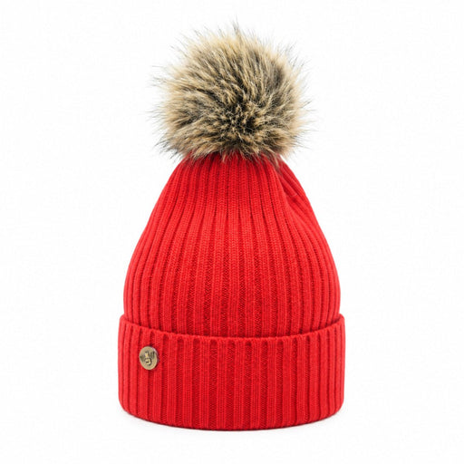Woman's Knit Hat with Pom Pom and Fleece Lining - Ferrari Red and Brown - Heritage Of Scotland - 