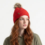 Woman's Knit Hat with Pom Pom and Fleece Lining - Ferrari Red and Brown - Heritage Of Scotland - 